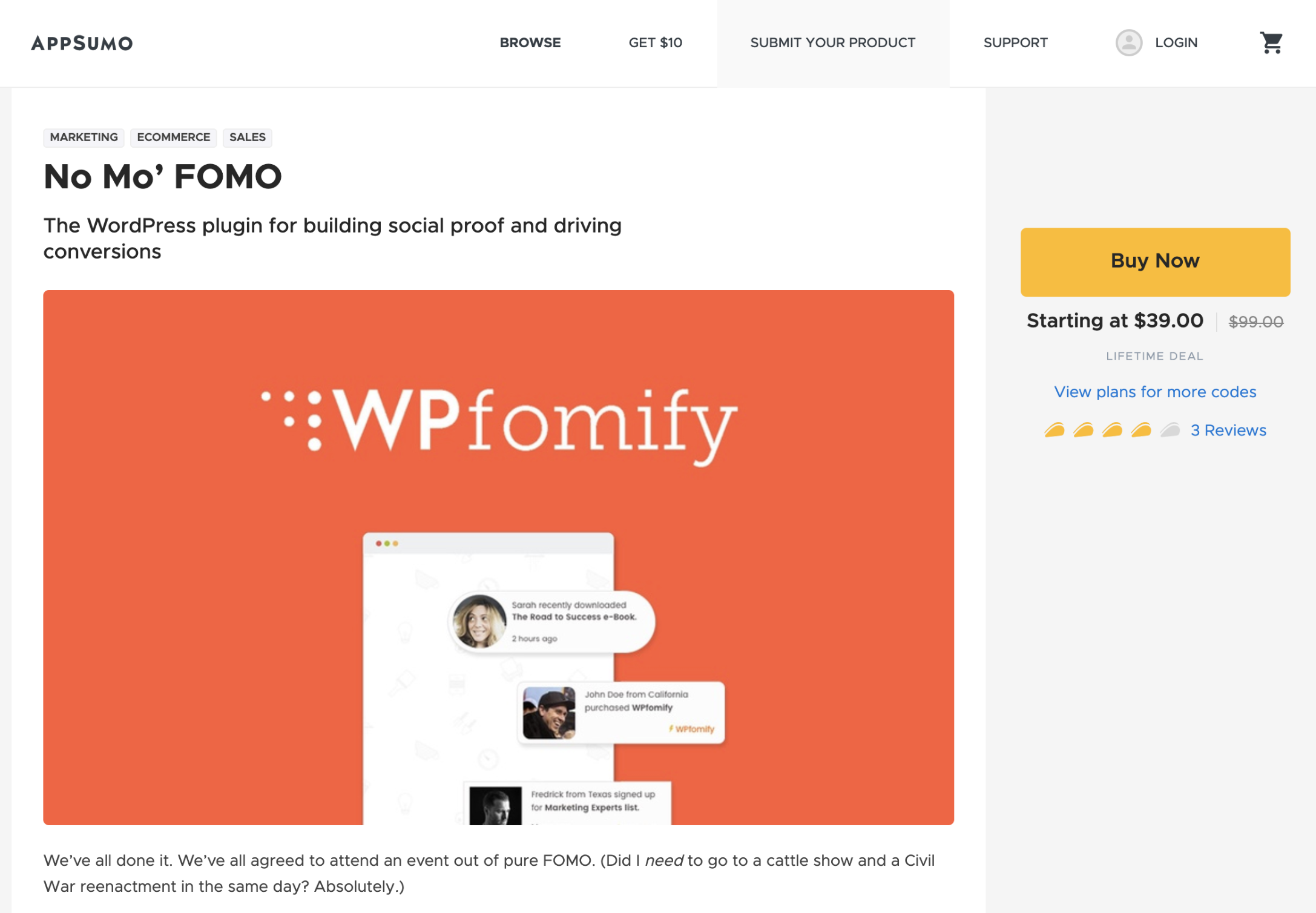 WPfomify AppSumo 목록 페이지