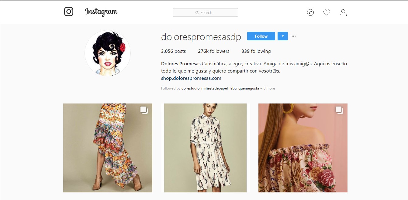 Perfil en Instagram de la marca Dolores Promesas.