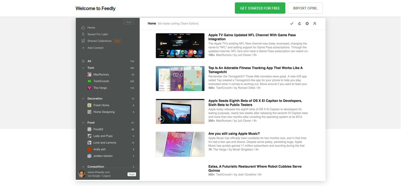 Pagina web de Feedly.