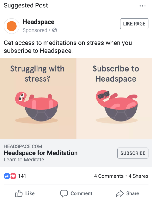 Headspace gibi markalar, markalarıyla aynı noktada kalan ücretli ve organik bir sosyal medya stratejisi yürütür