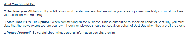 Best Buy fragment polityki dotyczącej mediów społecznościowych