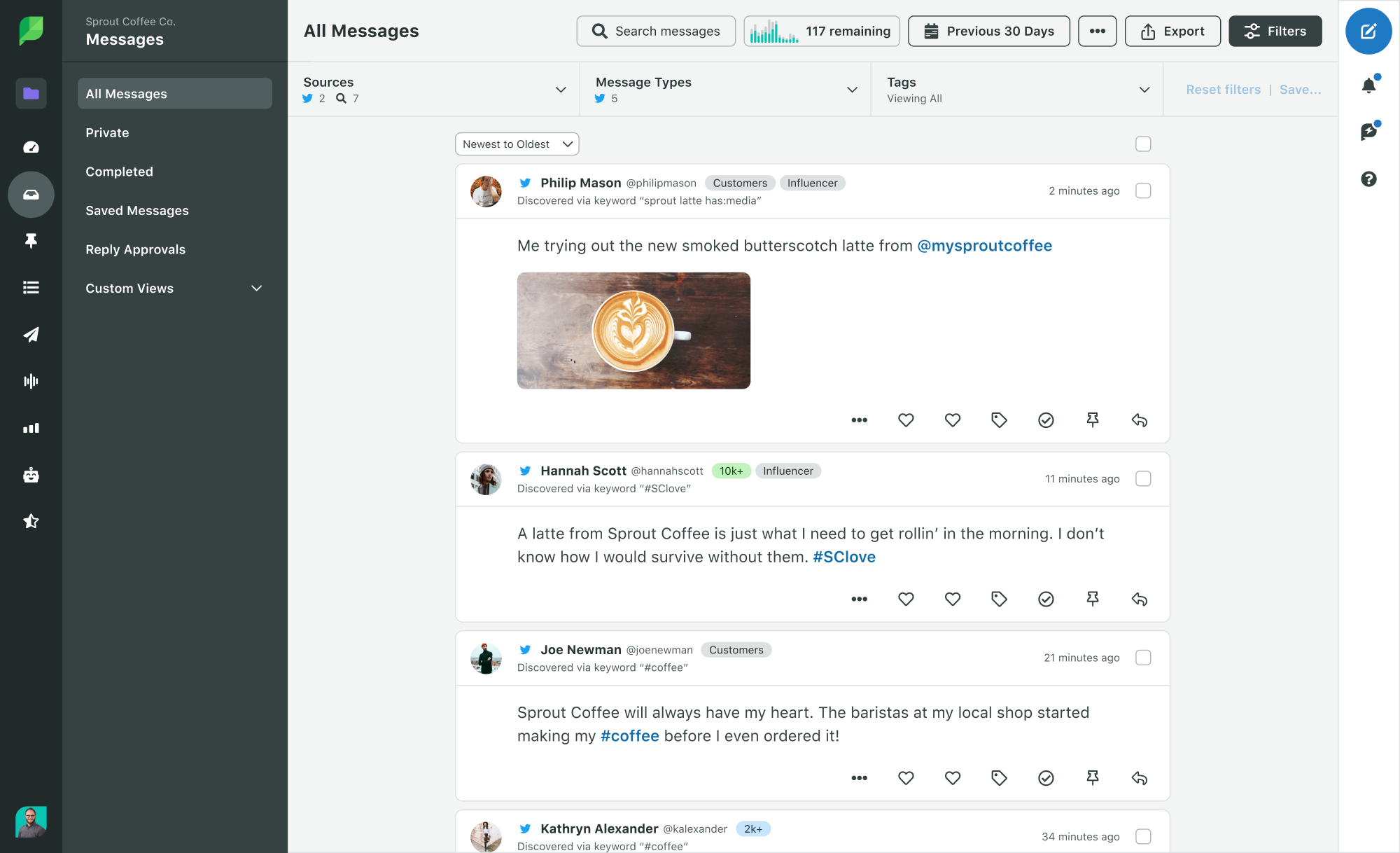 Sprout Social Smart Inbox, profil Twitter dan filter kata kunci