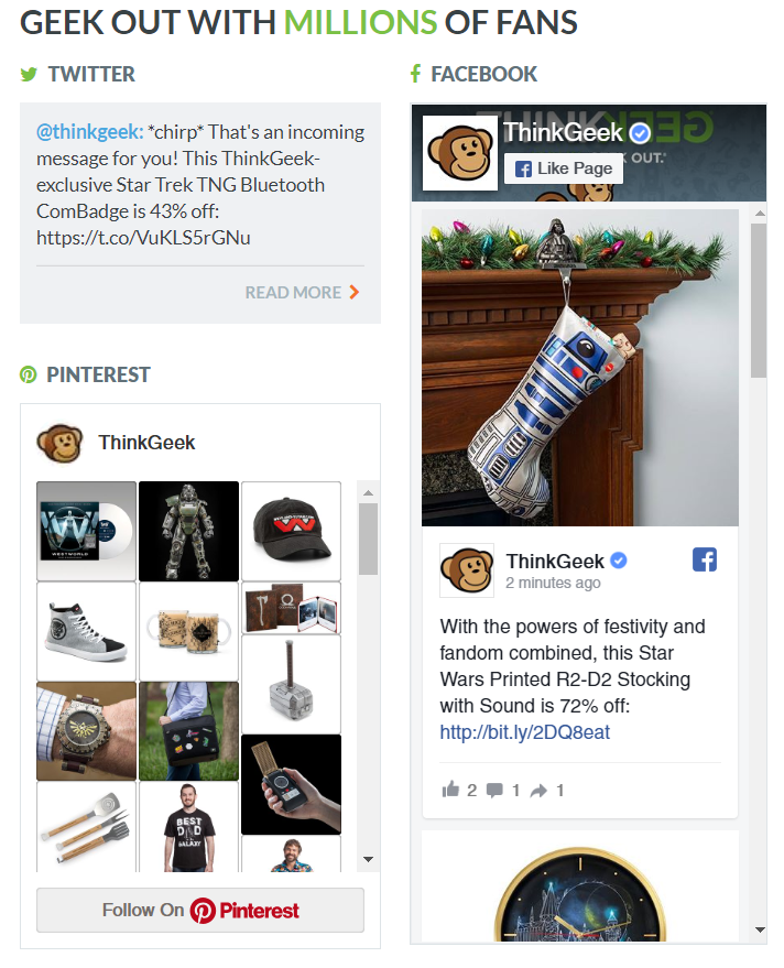ThinkGeek의 내장형 소셜 피드는 사이트 트래픽을 소셜 미디어로 보내는 방법의 또 다른 현명한 예입니다.