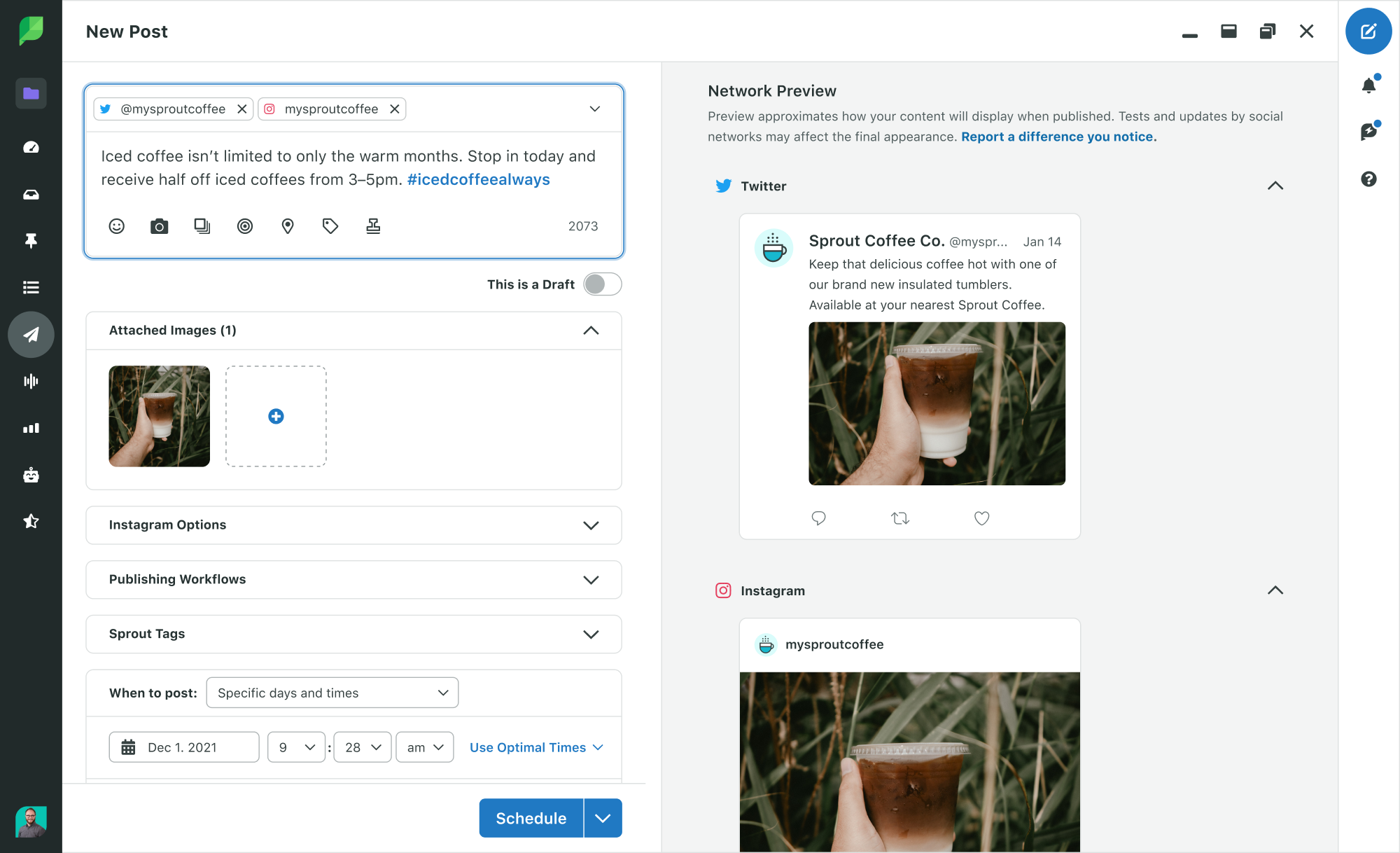 Podgląd postów na Twitterze i Instagramie dzięki funkcji podglądu tworzenia wiadomości w Sprout Social