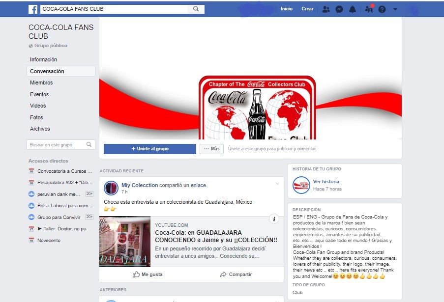 Grupo de Facebook de fans de Coca Cola.