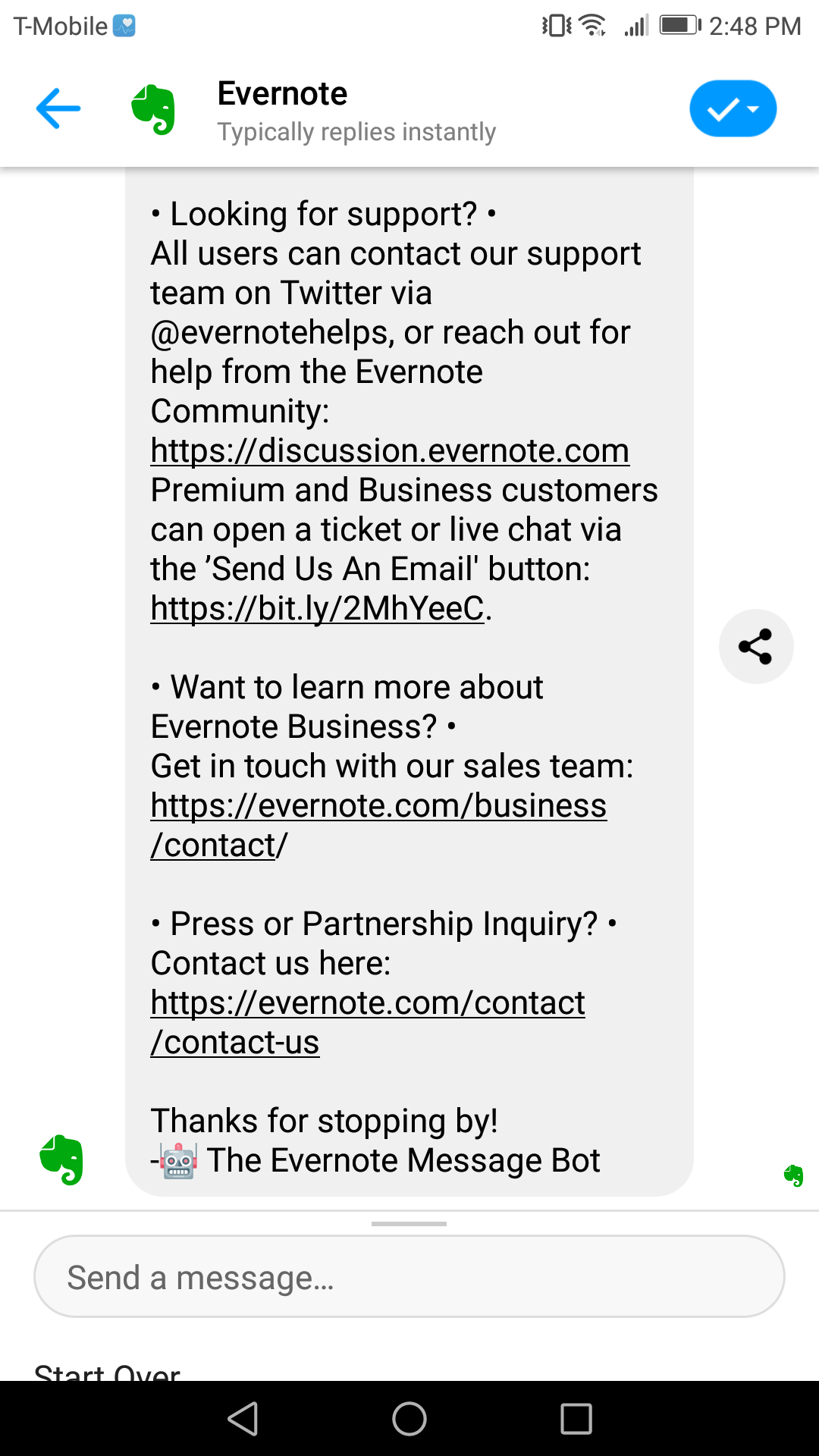 Evernote berbeda dari contoh pemasaran chatbot kami yang lain karena ini adalah bot pesan tunggal yang mendorong pengguna untuk keluar dari situs