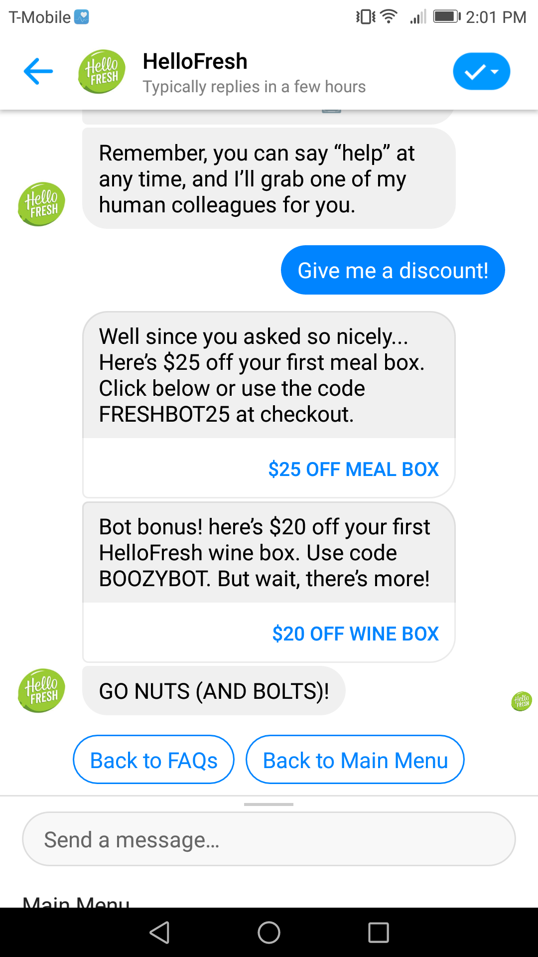 Chatbot Hello Fresh menawarkan diskon langsung melalui Facebook