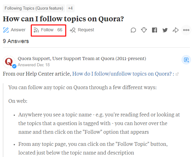 Tombol "Ikuti" di Quora