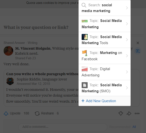 Quora menyarankan topik yang terkait dengan "pemasaran media sosial"