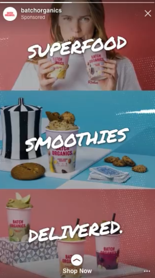 Iklan Batch Organics Instagram Stories dengan hamparan teks