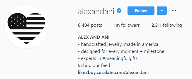 Bio Instagram Alex dan Ani dioptimalkan untuk dijual di Instagram dengan CTA mereka