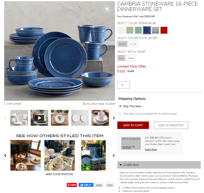 page produit de la grange de poterie avec bouton de sauvegarde pinterest