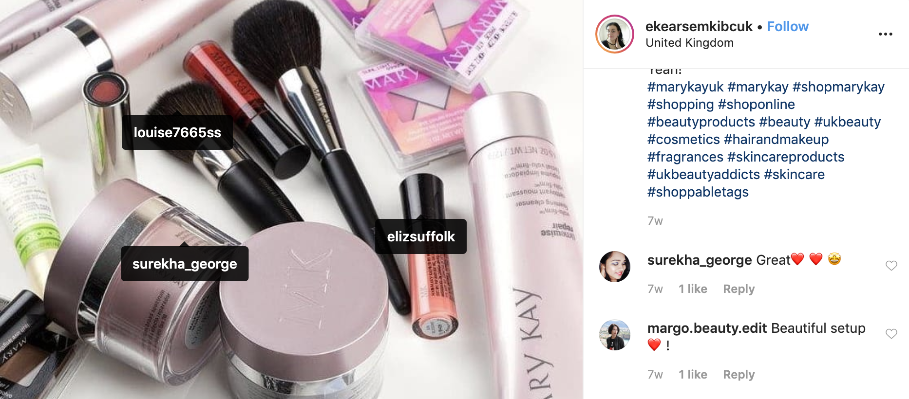 Publication Instagram d'un assortiment de maquillage, avec certains articles étiquetés avec un lien de boutique, les abonnés peuvent acheter cet article à partir de