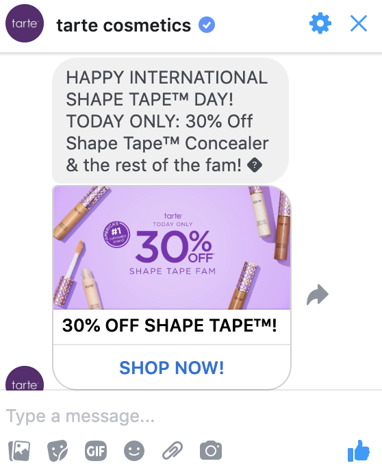 Annonce Facebook Messenger de Tarte Cosmetics envoyée directement dans la boîte de réception de l'utilisateur