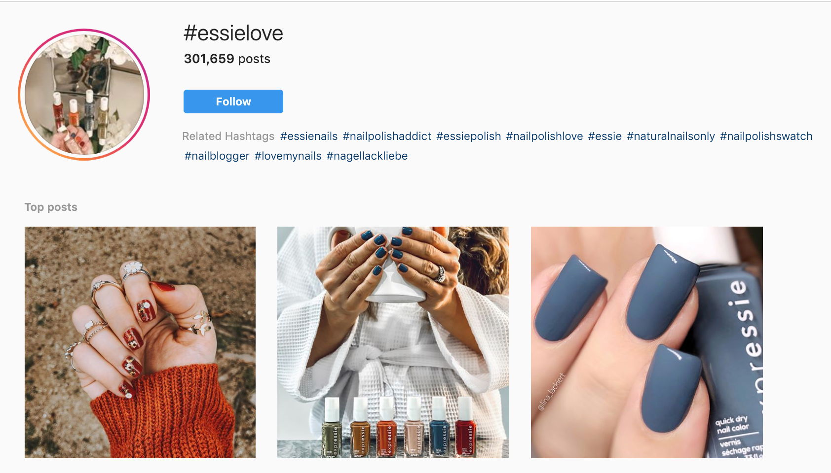 Capture d'écran du hashtag #essielove sur Instagram avec des milliers d'images de clientes utilisant le vernis à ongles Essie.