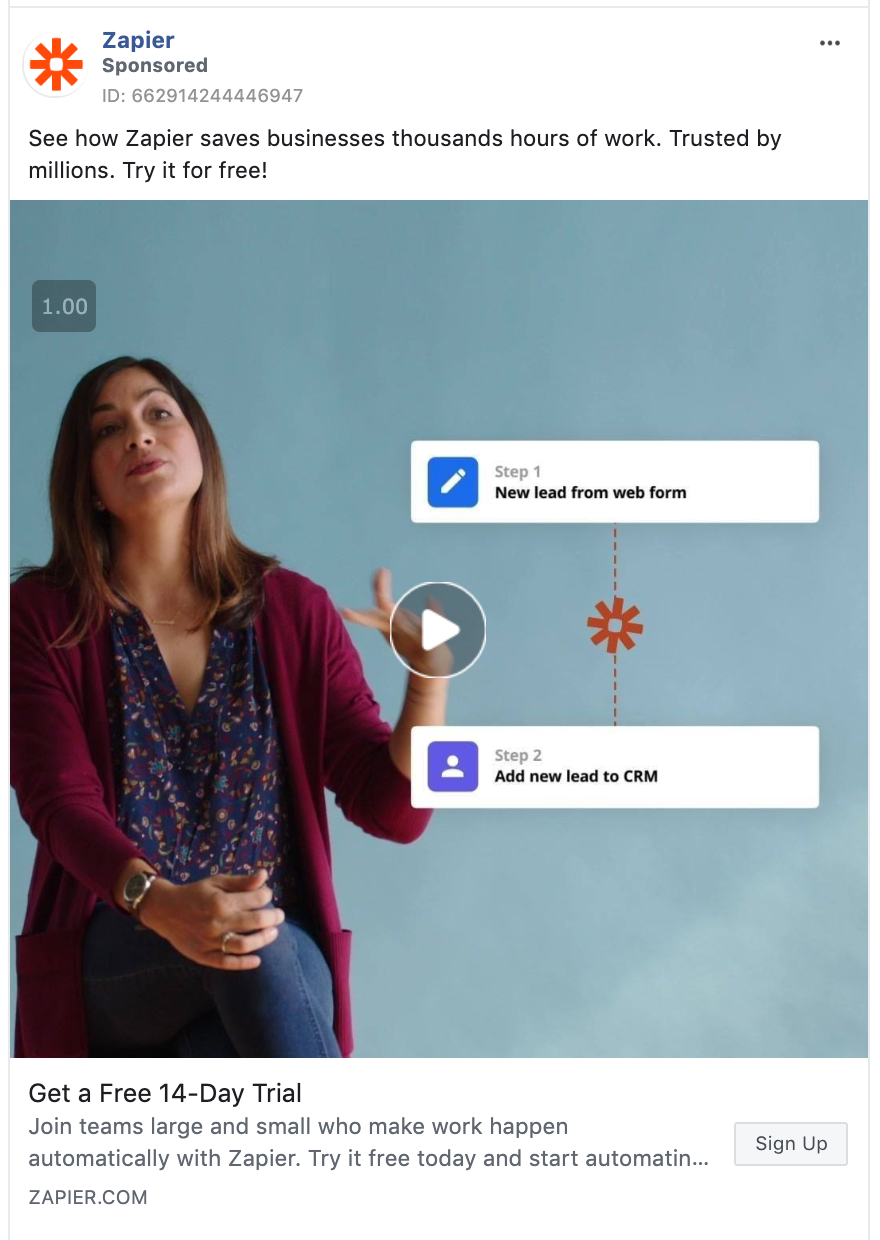 Capture d'écran d'une publicité vidéo Zapier faisant la promotion de leur essai gratuit.