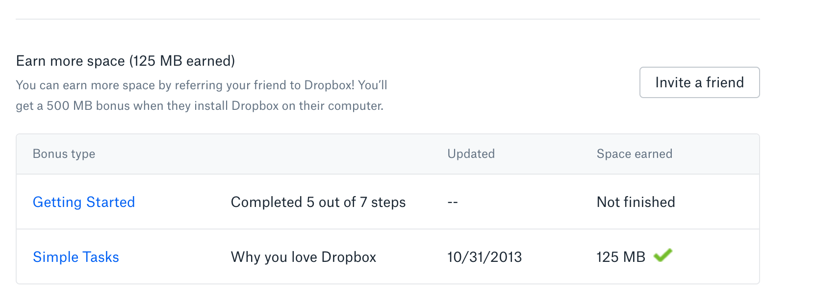 Capture d'écran du programme d'incitation client "Invitez un ami" de Dropbox.