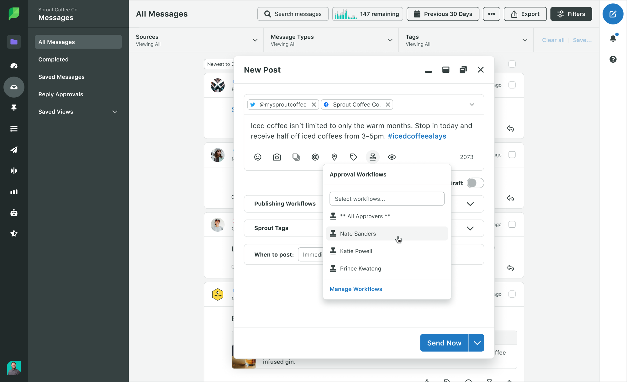 Fluxo de trabalho de aprovação de mensagens do Sprout Social