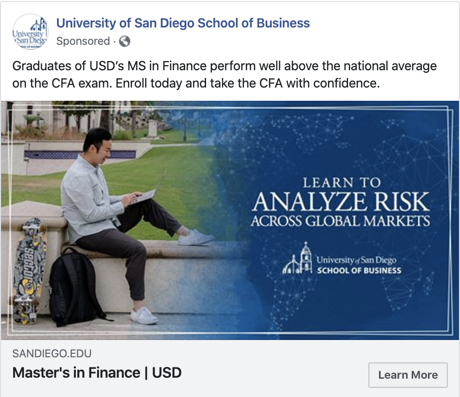 Contoh iklan Facbook dari University of San Diego School of Business