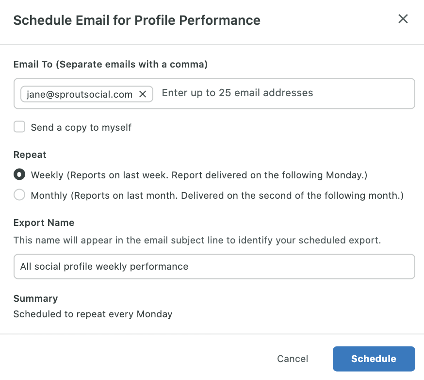 agendar entrega de relatório no sprout