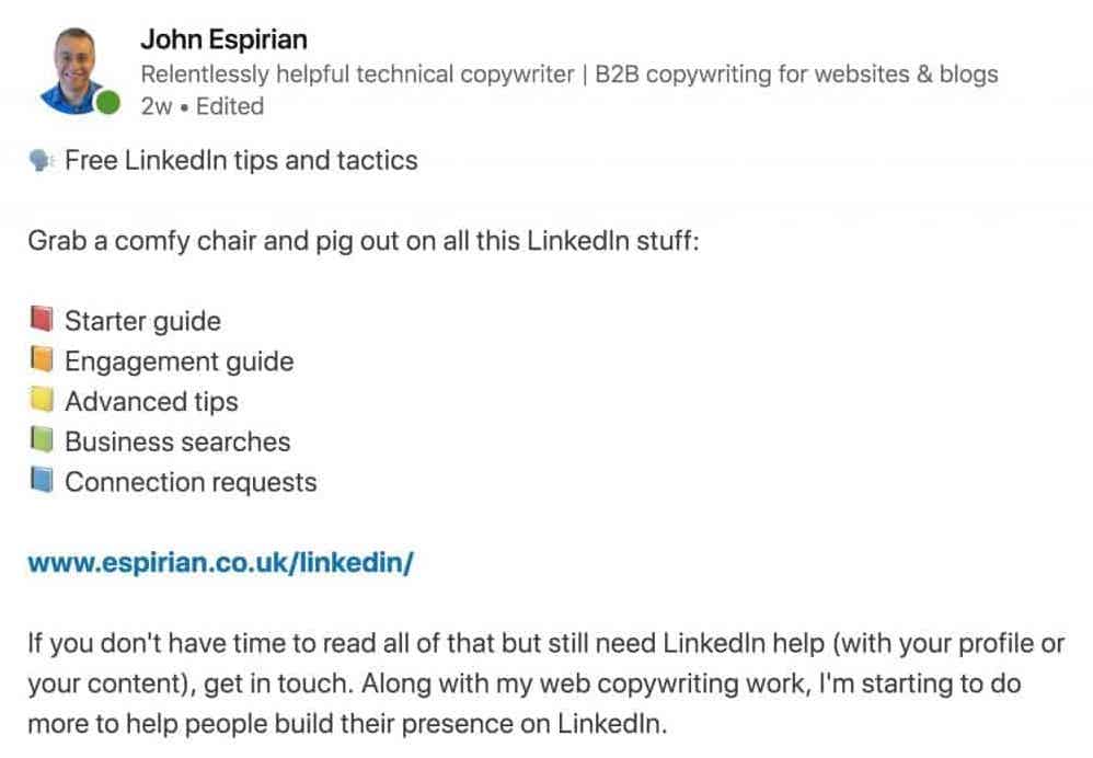 絵文字を使用して箇条書きを作成するLinkedIn投稿のスクリーンショット。