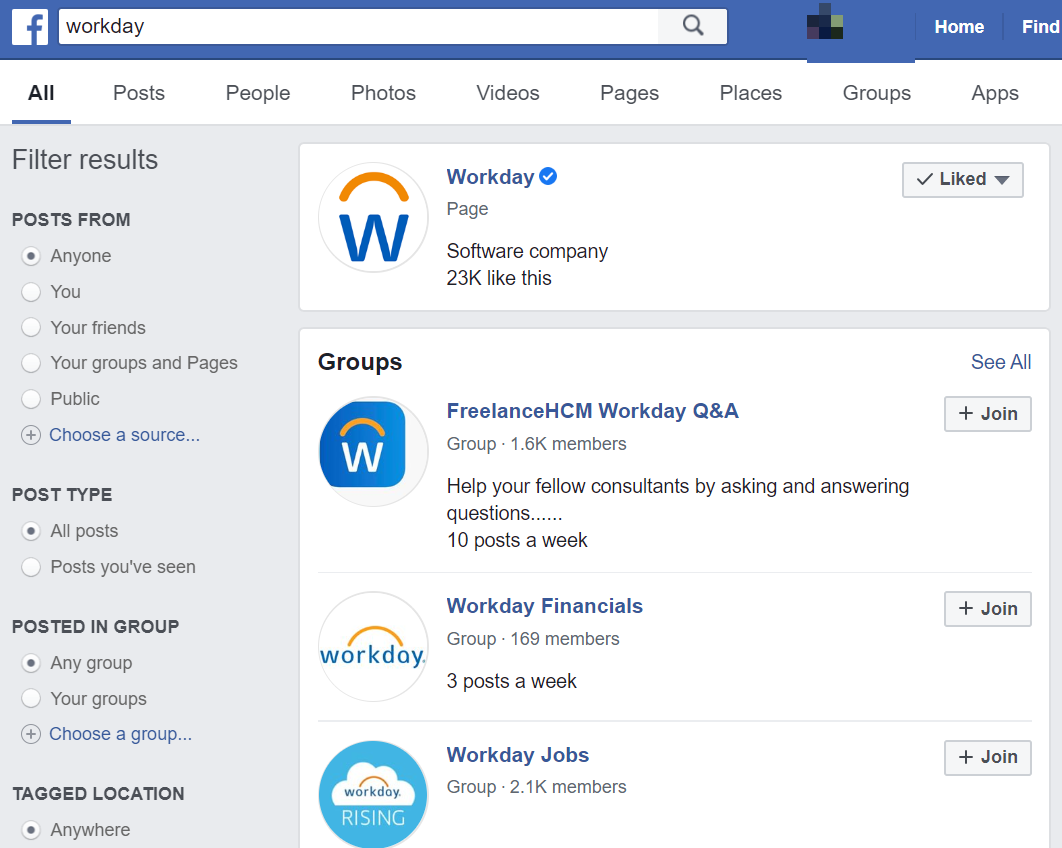 Resultado de pesquisa do Facebook mostrando página verificada para Workday