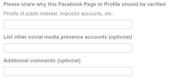 campos para justificar por que sua página do Facebook deve ser verificada