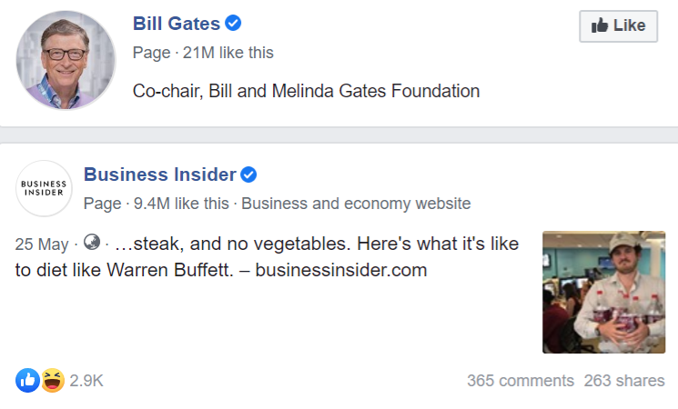 Exemplos de páginas verificadas do Facebook com marcas de seleção azuis para Bill Gates e Business Insider