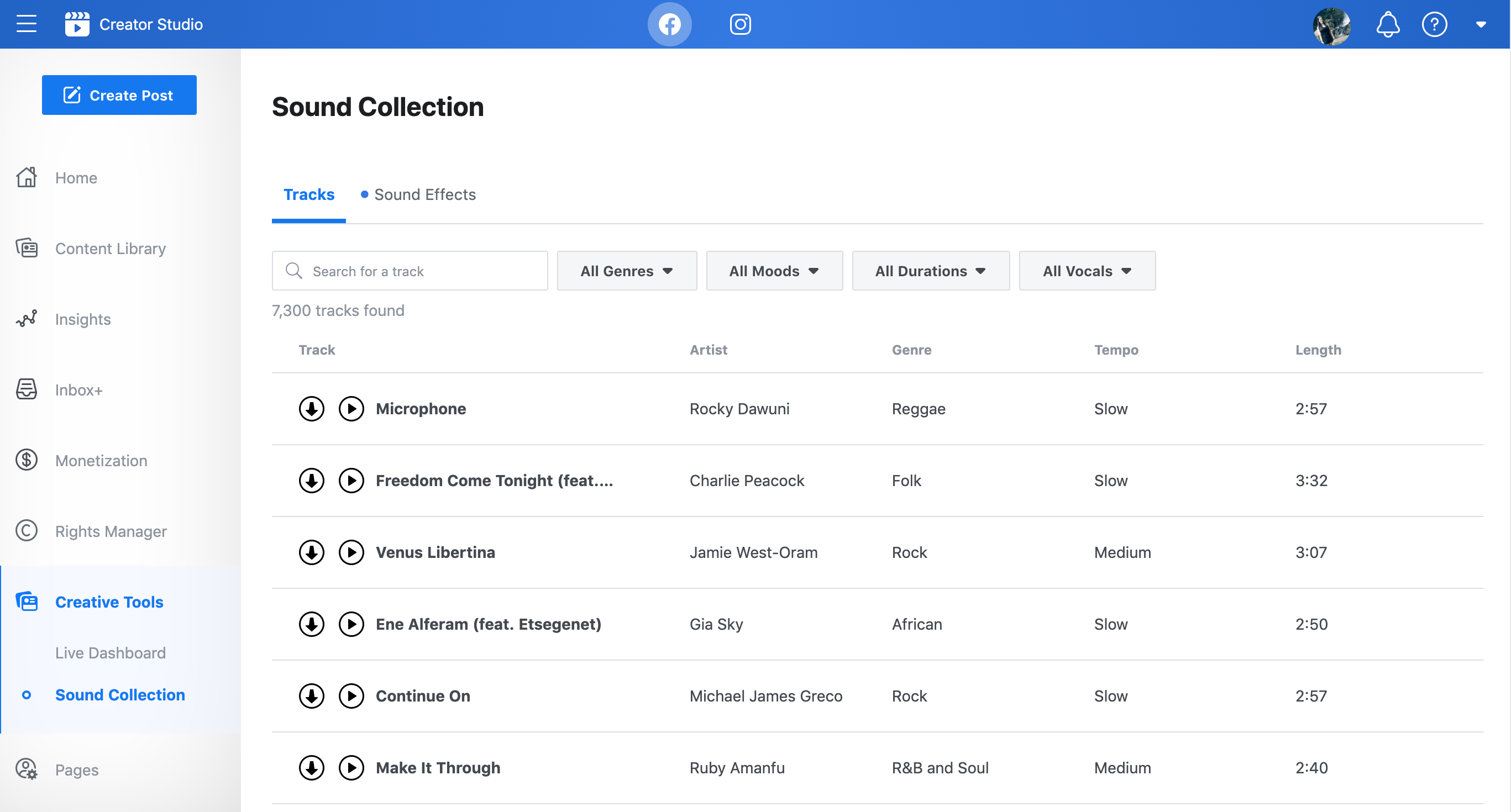 Tangkapan layar koleksi musik bebas royalti dalam Facebook Creator Studio.