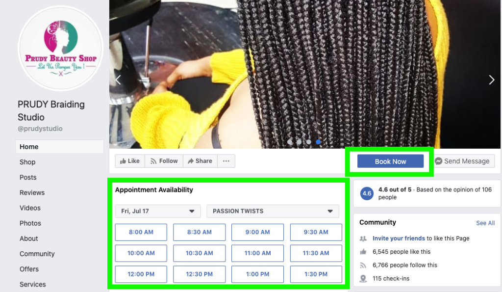 página fb prudy mostrando o recurso de agendamento