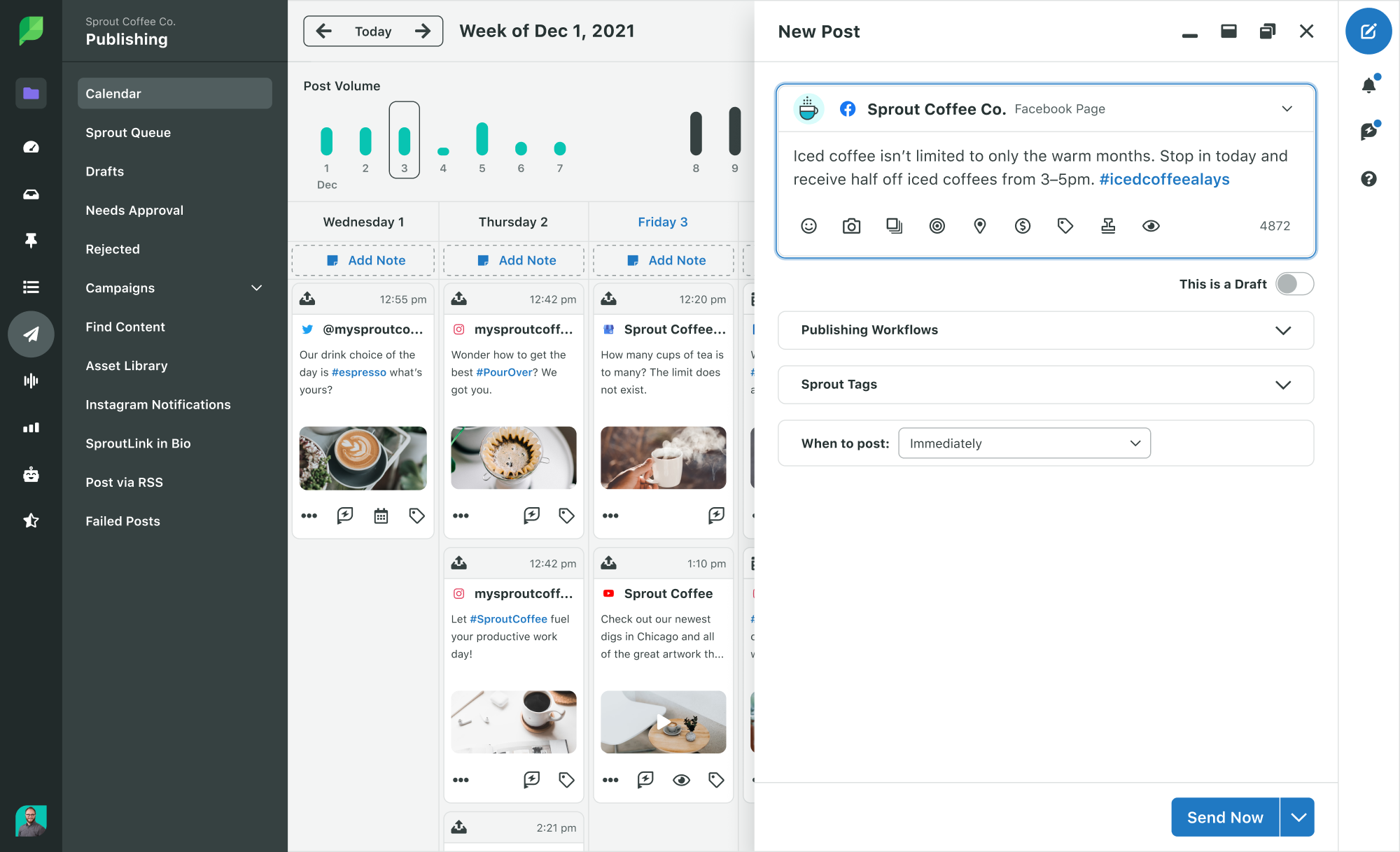 Calendário de publicação do Sprout para publicações somente do Facebook