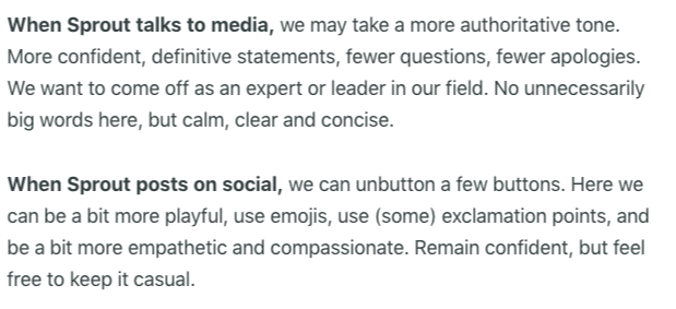 trecho mostrando a diferença entre a voz do Sprout para comunicados de mídia versus social