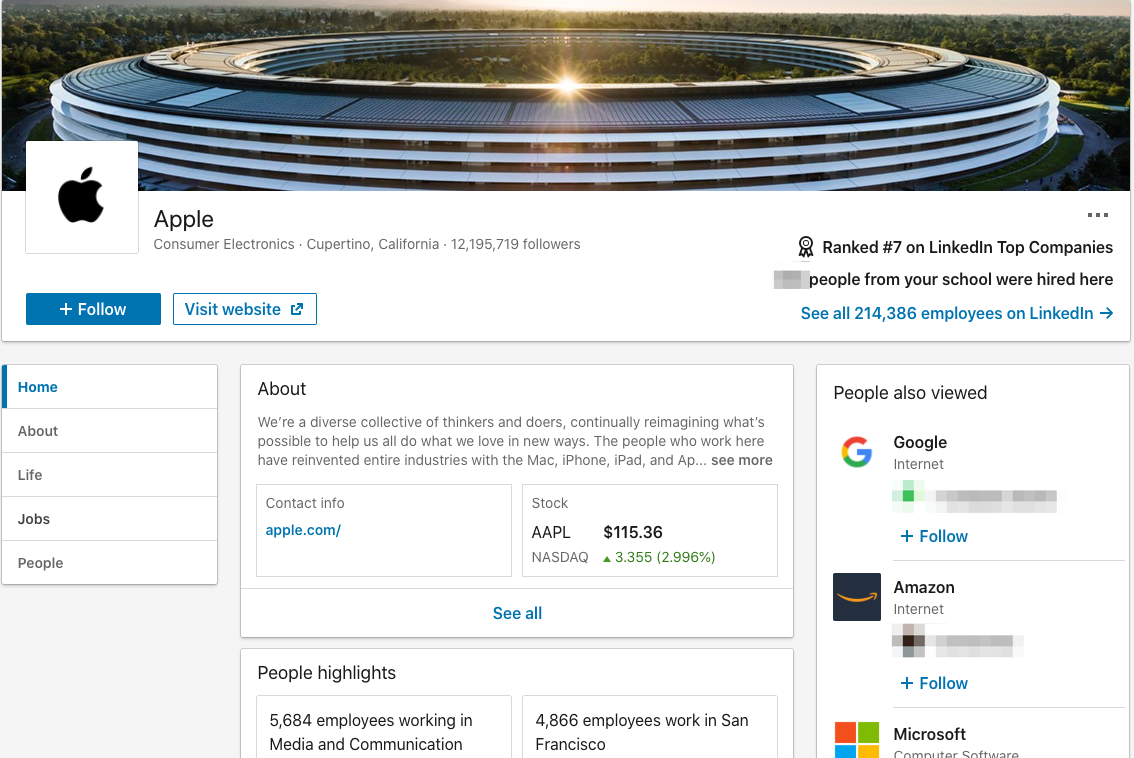 Apple 的 LinkedIn 公司簡介頁面