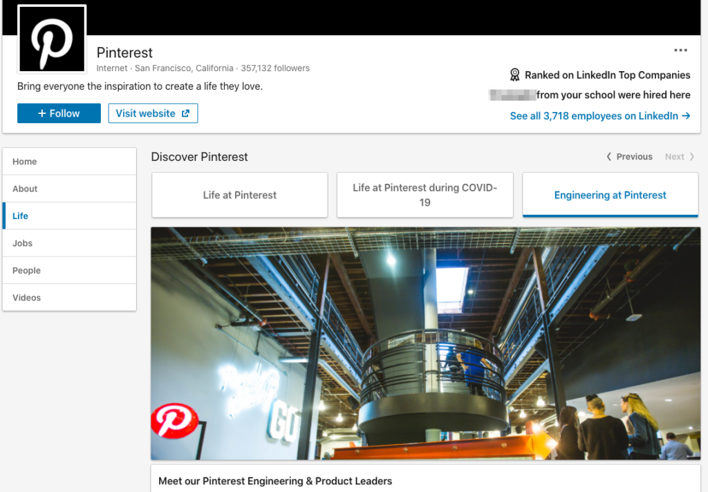 Pinterest 使用其 LinkedIn 公司頁面上的“生活”選項卡作為招聘工具來展示在 Pinterest 工作的感覺