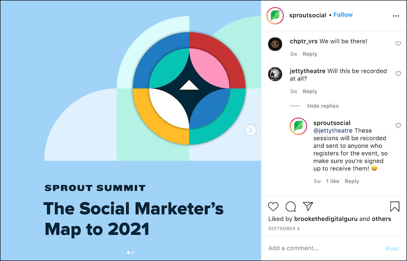 Captura de pantalla de una pregunta realizada en la cuenta de Instagram de Sprout Social, respondida por el equipo.