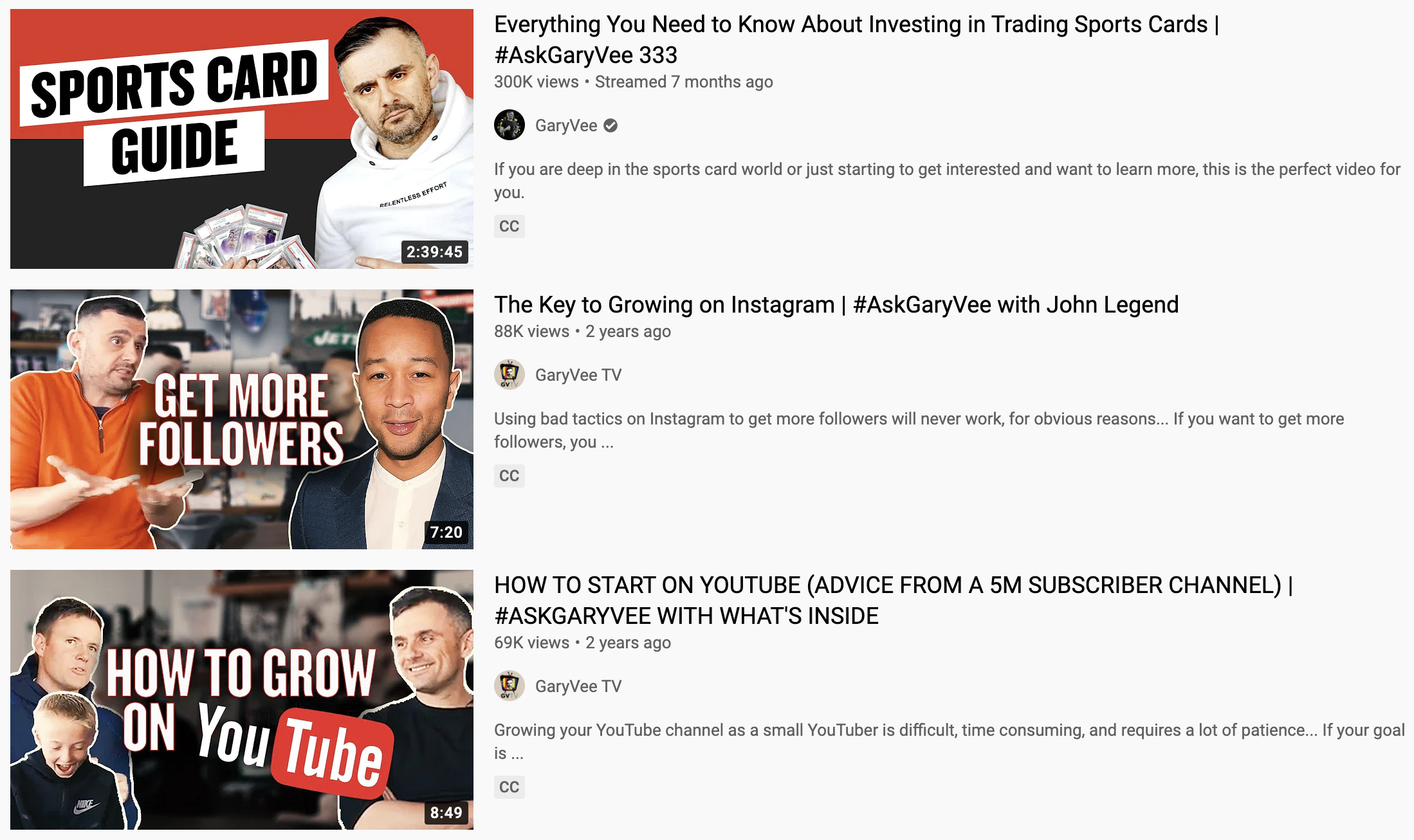 YouTube 搜索结果展示了标题中带有井号标签的 #AskGaryVee 视频。