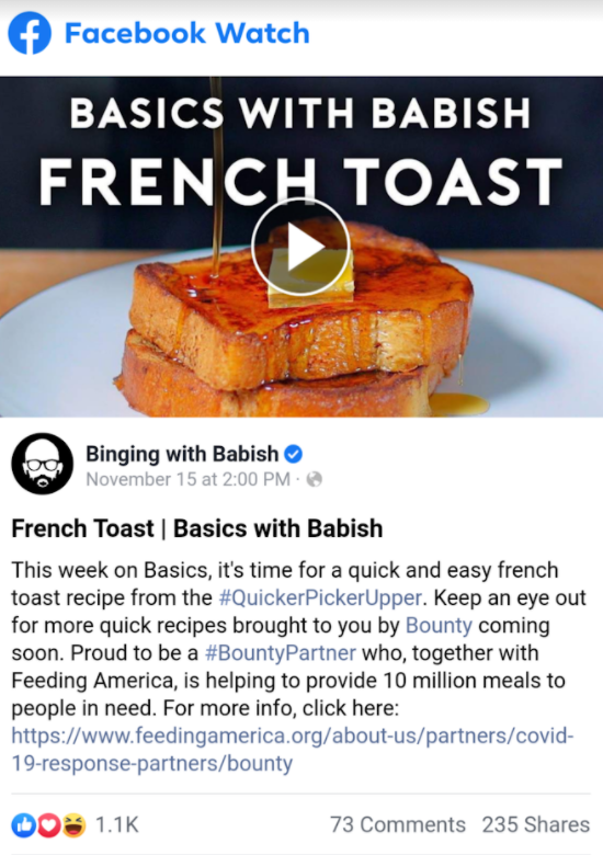 Dasar dengan contoh Babish dari "video viral" atau berbagi media sosial di Facebook