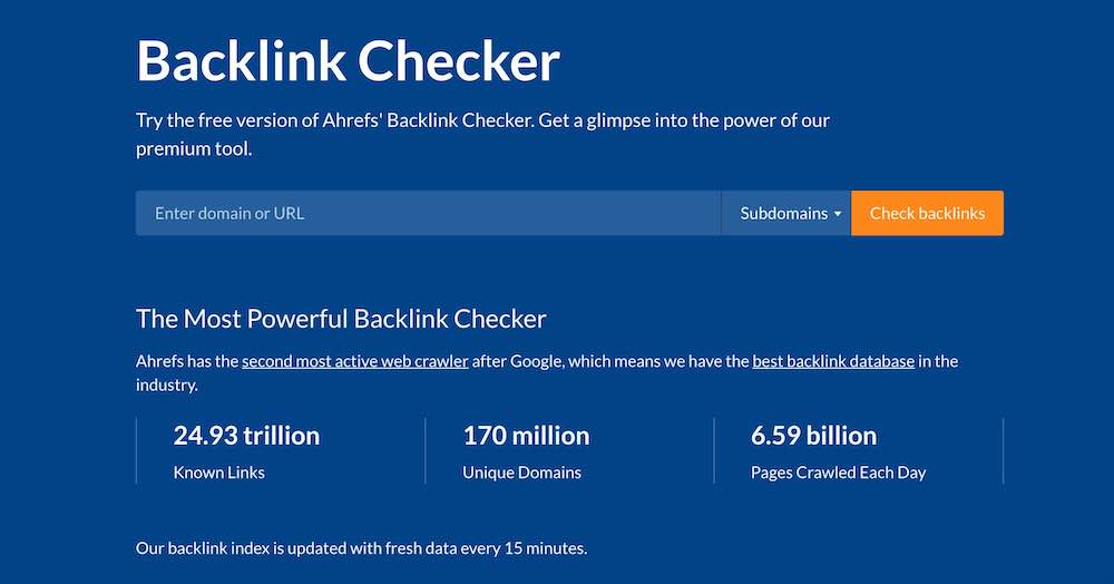 لقطة شاشة لصفحة Ahrefs Backlink Checker الرئيسية