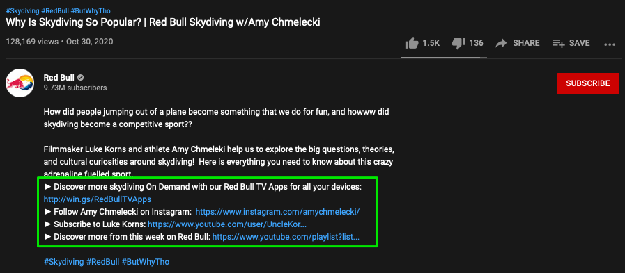 Red Bull의 YouTube 동영상 설명에는 동영상 및 해당 브랜드와 관련된 클릭 유도문안 링크가 포함되어 있습니다.