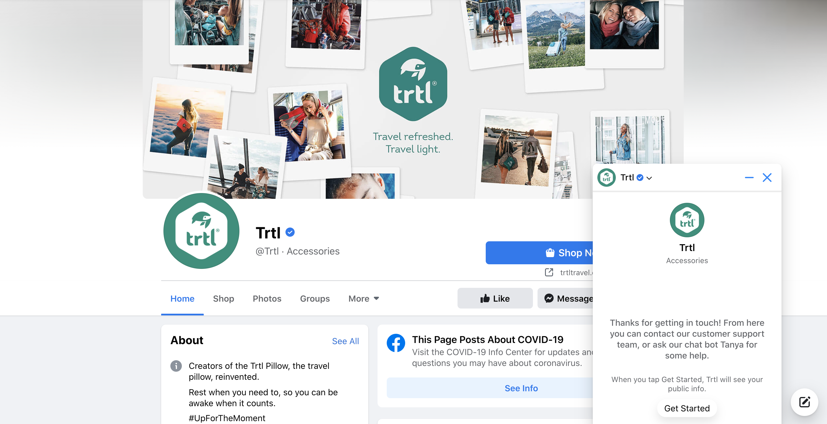 A página do Facebook da Trtl e seu chatbot do Messenger