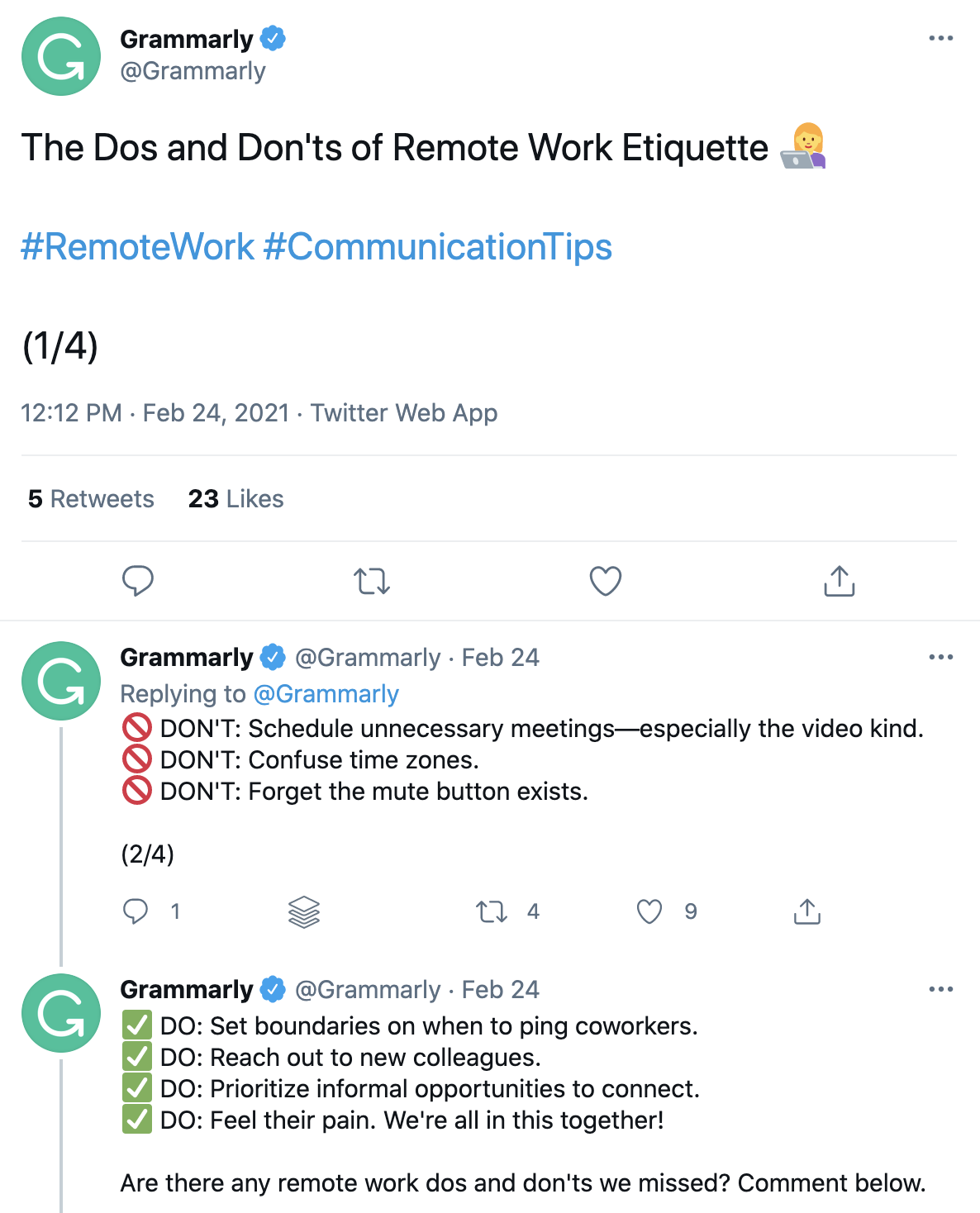 Capture d'écran d'un fil Twitter de Grammarly qui est informatif et montre de l'empathie.