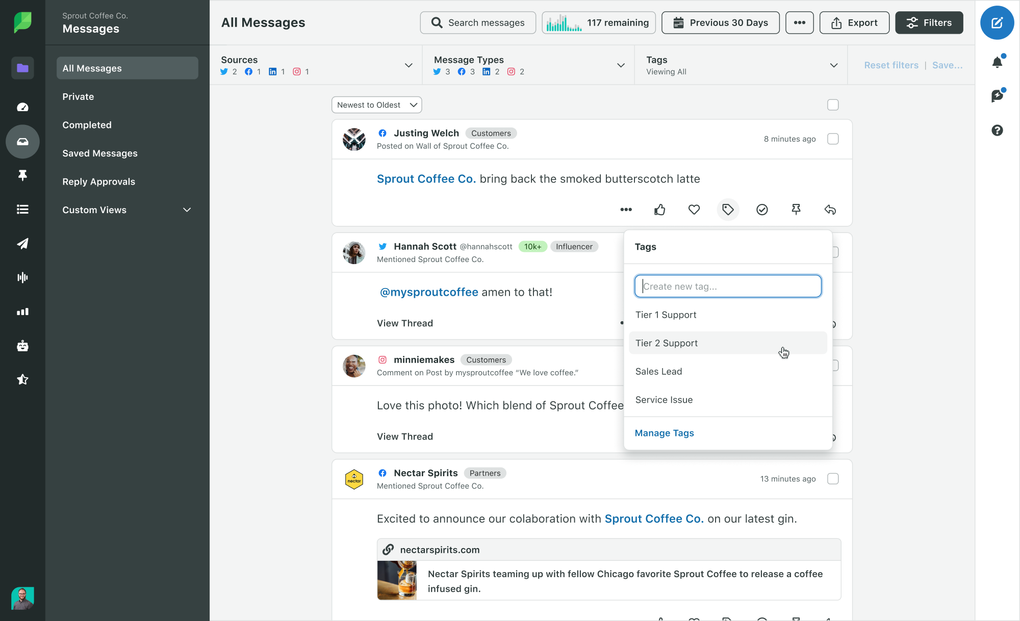 Screenshot der Sprout Social Smart Inbox mit Nachrichtenkennzeichnung für die Eskalation des Kundensupports. Eine Nachricht wird für Tier 2 Support markiert.