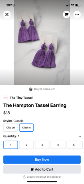 Une page de détails sur Facebook pour une paire de boucles d'oreilles Tiny Tassel