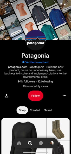 Compte Pinterest de Patagonia avec un badge marchand vérifié.