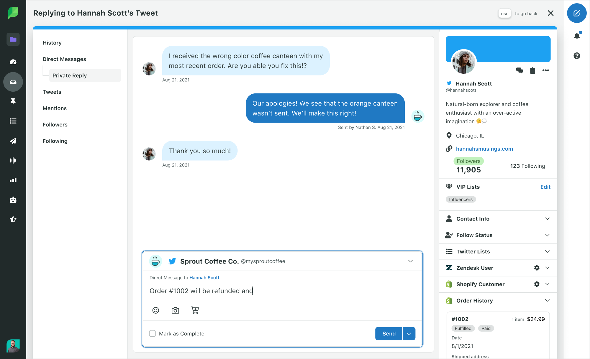 Flux de travail d'engagement de Sprout Social pour les contacts demandant des détails sur une commande Shopify.