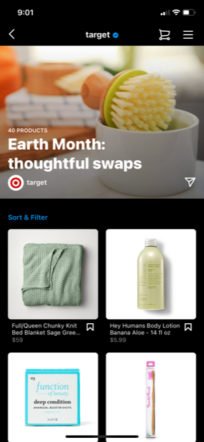 Liste organisée par Target d'articles à vendre sur sa page d'achat Instagram.