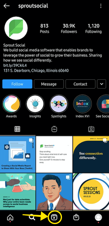 capture d'écran de l'interface mobile d'Instagram montrant la navigation des rouleaux