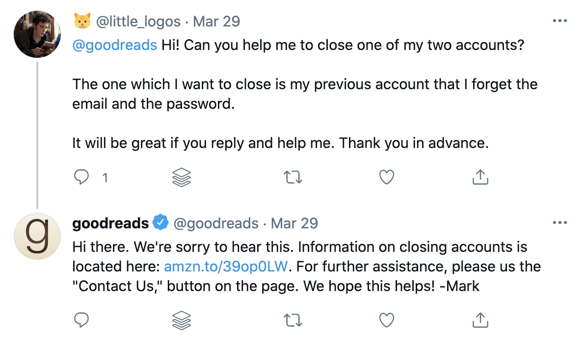 Goodreads respondendo a uma pergunta de suporte ao cliente no Twitter em dois minutos