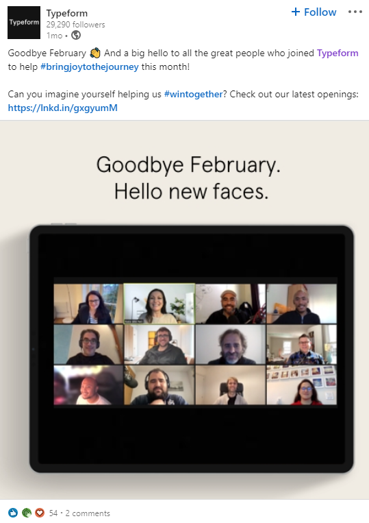 Typeform dá as boas-vindas a seus novos funcionários em uma postagem no LinkedIn como um exemplo de engajamento de funcionários nas mídias sociais
