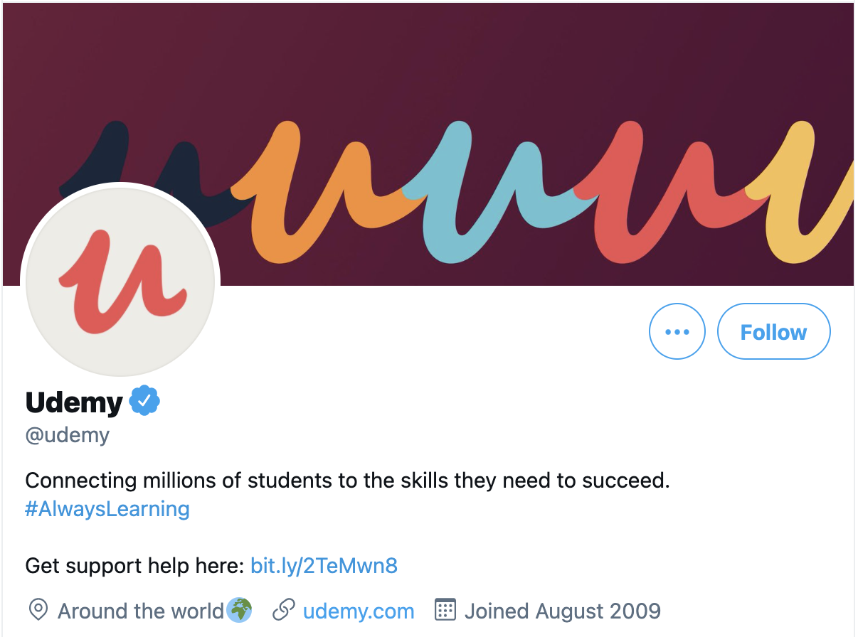 Udemy 的 Twitter 简历截图。